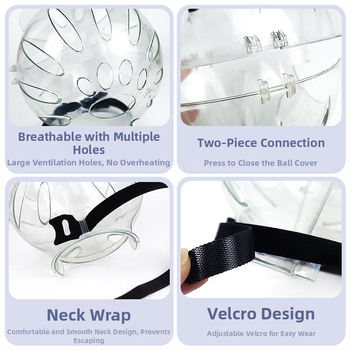 Katės galvos apdangalas su gaubtu, apsaugančiu nuo laižymo, apsaugančiu nuo įkandimo, permatomas, sferinis, kvėpuojantis. Elžbietos žiedo formos katės galvos apdangalas.