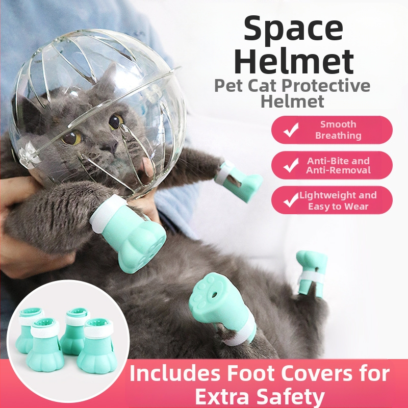 Katės galvos apdangalas su gaubtu, apsaugančiu nuo laižymo, apsaugančiu nuo įkandimo, permatomas, sferinis, kvėpuojantis. Elžbietos žiedo formos katės galvos apdangalas.