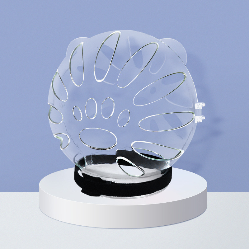 Katės galvos apdangalas su gaubtu, apsaugančiu nuo laižymo, apsaugančiu nuo įkandimo, permatomas, sferinis, kvėpuojantis. Elžbietos žiedo formos katės galvos apdangalas.