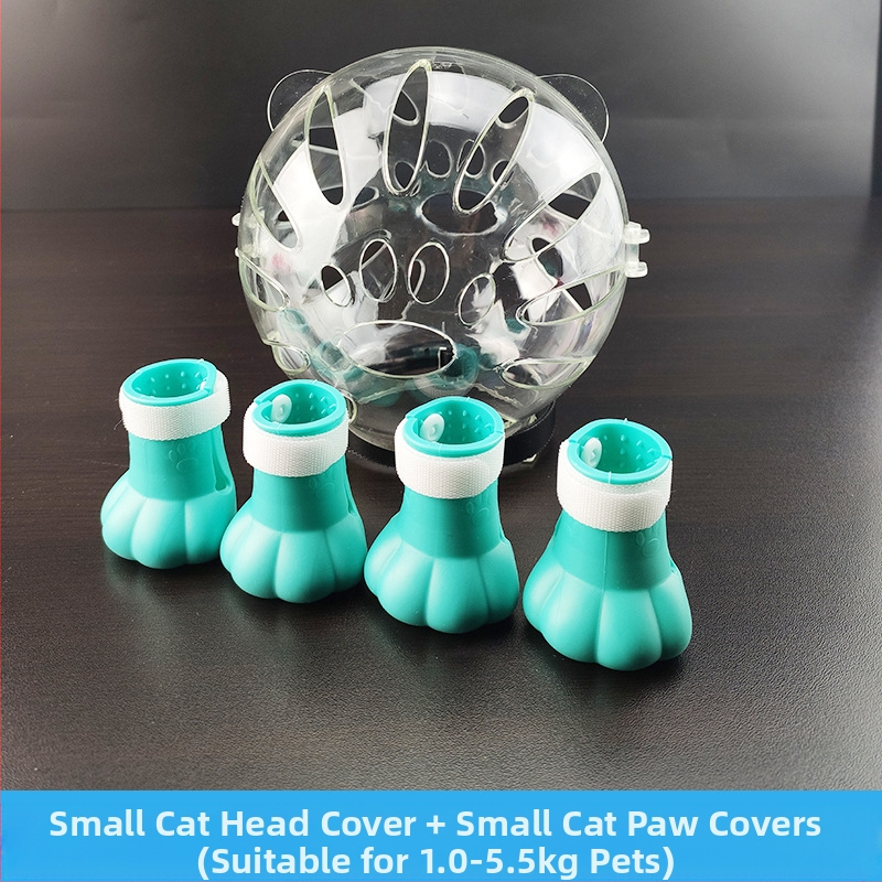 Katės galvos apdangalas su gaubtu, apsaugančiu nuo laižymo, apsaugančiu nuo įkandimo, permatomas, sferinis, kvėpuojantis. Elžbietos žiedo formos katės galvos apdangalas.