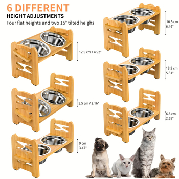 Regulējama augstuma koka suņu barotava ar 2 nerūsējošā tērauda bļodām, paaugstināts suņu barības un ūdens statīvs no bambusa