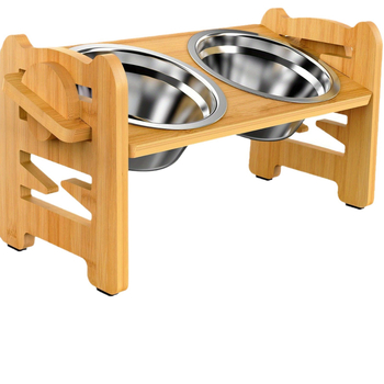 Regulējama augstuma koka suņu barotava ar 2 nerūsējošā tērauda bļodām, paaugstināts suņu barības un ūdens statīvs no bambusa