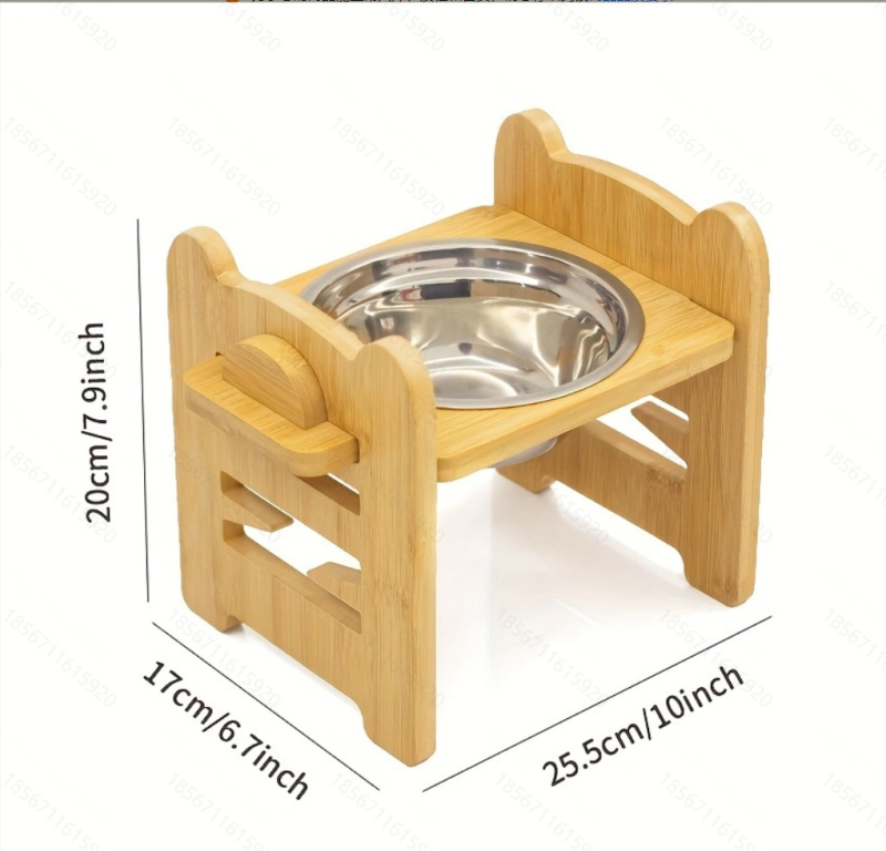 Regulējama augstuma koka suņu barotava ar 2 nerūsējošā tērauda bļodām, paaugstināts suņu barības un ūdens statīvs no bambusa