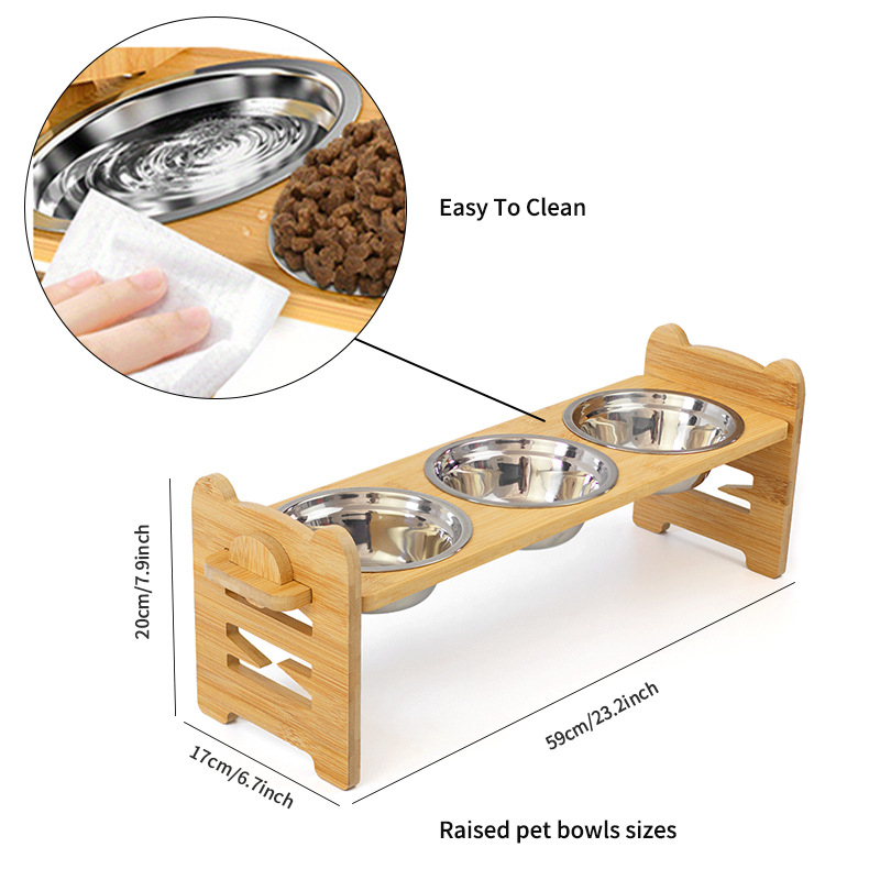 Regulējama augstuma koka suņu barotava ar 2 nerūsējošā tērauda bļodām, paaugstināts suņu barības un ūdens statīvs no bambusa