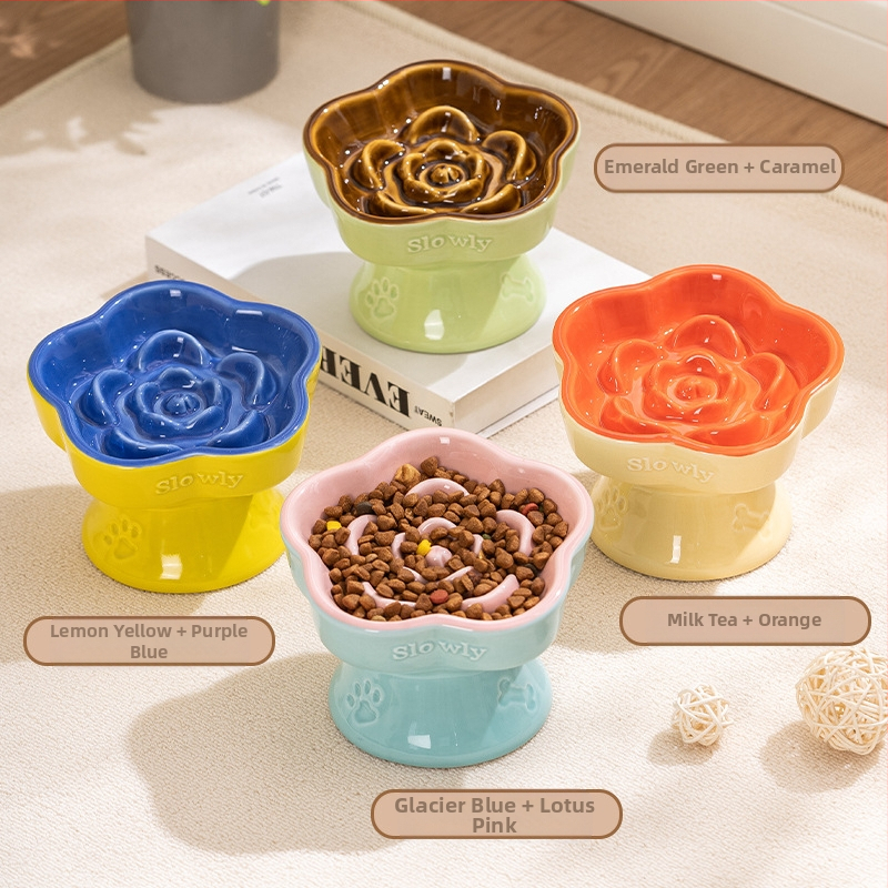 Lemmikloomade aeglase toidu kauss, kõrge jalaga keraamiline kassikauss, koerakauss, väikese koera ja kassi jaoks, lämbumisvastane aeglase toidu kauss, löögikindel kaelakaitse, kaldus kauss