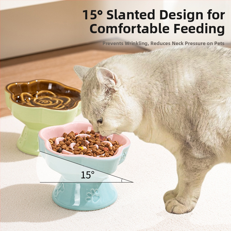 Lemmikloomade aeglase toidu kauss, kõrge jalaga keraamiline kassikauss, koerakauss, väikese koera ja kassi jaoks, lämbumisvastane aeglase toidu kauss, löögikindel kaelakaitse, kaldus kauss