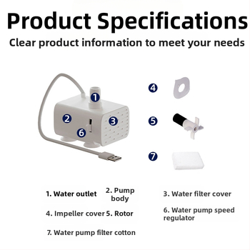 Vandens dozatoriaus priedai, vandens pompa, USB5V, su medvilne ir šviesa, reguliuojamas vandens srautas, vandens išėjimas, tylus, bešepetis