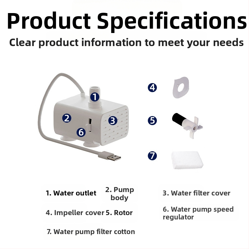 Аксесоари за диспенсъри за вода за домашни любимци, водна помпа, USB5V с памук и светлина, регулируем дебит на водата, изключване на водата, безшумна, безчеткова
