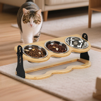 Roostevabast terasest kõrgendatud kassikauss, lemmikloomadele mõeldud toidu- ja veekauss, riiuliga kass, bambusest kolme jalaga kauss oksendamise vältimiseks