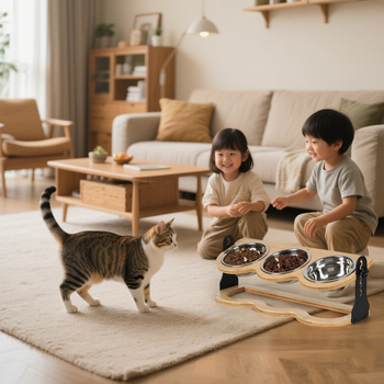 Roostevabast terasest kõrgendatud kassikauss, lemmikloomadele mõeldud toidu- ja veekauss, riiuliga kass, bambusest kolme jalaga kauss oksendamise vältimiseks