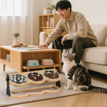 Roostevabast terasest kõrgendatud kassikauss, lemmikloomadele mõeldud toidu- ja veekauss, riiuliga kass, bambusest kolme jalaga kauss oksendamise vältimiseks