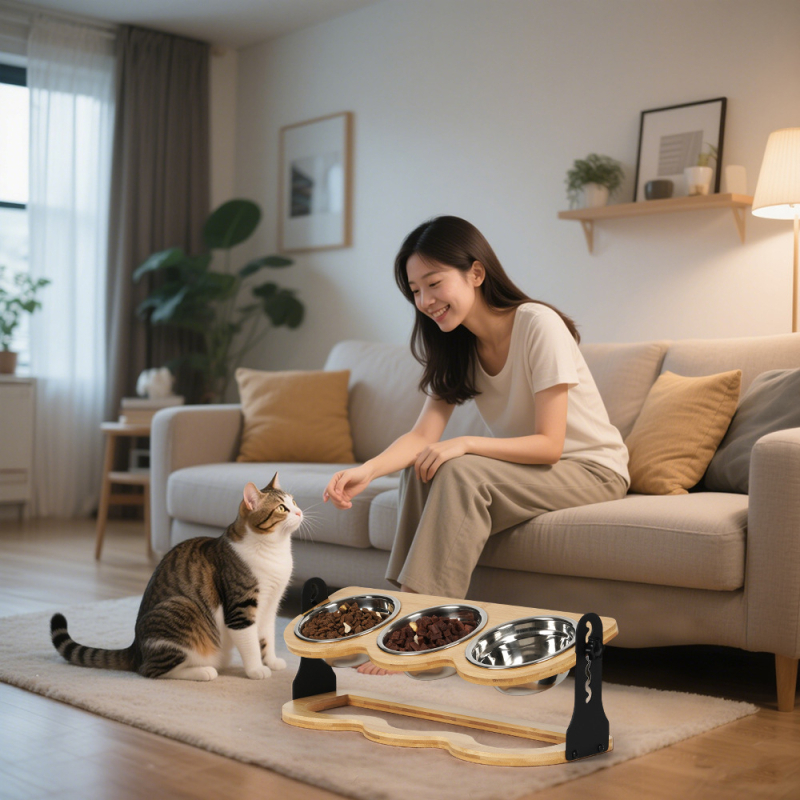 Roostevabast terasest kõrgendatud kassikauss, lemmikloomadele mõeldud toidu- ja veekauss, riiuliga kass, bambusest kolme jalaga kauss oksendamise vältimiseks