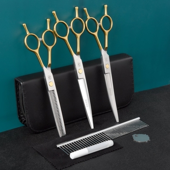 7-инчови ножици за красота на домашни любимци, ножици за зъби, плоски ножици, ножици за подстригване на косми за домашни любимци, ножици за извита коса за рязане на кучета, инструменти за котки, костюм