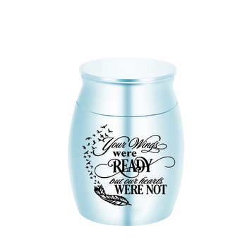 Karšto pardavimo ežero mėlynumo nerūdijančio plieno plunksnų rašto mini urna, naujo stiliaus, gali atidaryti laidotuvių urną