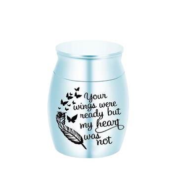 Karšto pardavimo ežero mėlynumo nerūdijančio plieno plunksnų rašto mini urna, naujo stiliaus, gali atidaryti laidotuvių urną