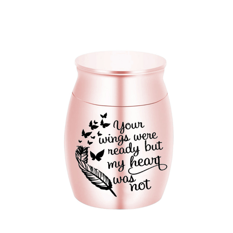 Karšto pardavimo ežero mėlynumo nerūdijančio plieno plunksnų rašto mini urna, naujo stiliaus, gali atidaryti laidotuvių urną