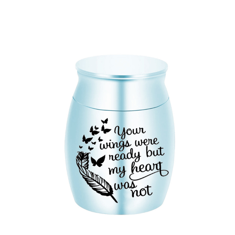 Karšto pardavimo ežero mėlynumo nerūdijančio plieno plunksnų rašto mini urna, naujo stiliaus, gali atidaryti laidotuvių urną