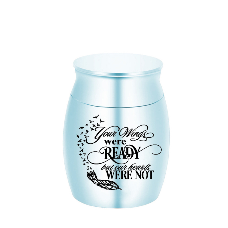 Karšto pardavimo ežero mėlynumo nerūdijančio plieno plunksnų rašto mini urna, naujo stiliaus, gali atidaryti laidotuvių urną