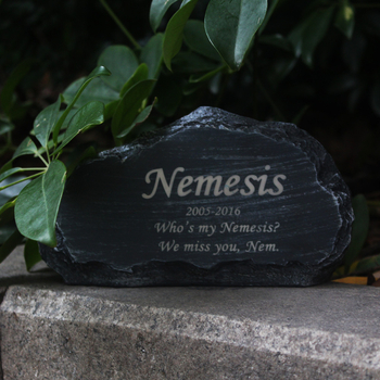 Tarpvalstybinis augintinio atminimo akmuo, kurį galima graviruoti, sodo puošmena, rankoje laikomas miegančios katės ir šuniuko antkapis, kiemo puošmena