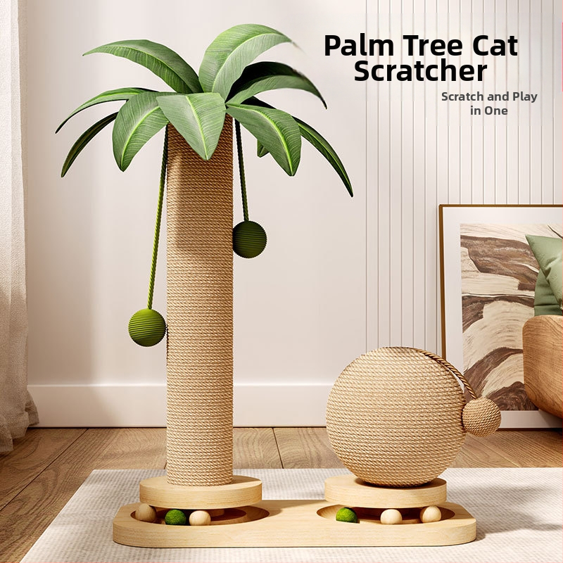 Kokoso medžio masyvo katėms skirtas besisukantis stacionarus draskyklės stovas, skirtas katėms su pagaliuku, skirtas draskyti, patvarus žaislas katėms, sizalio spalvos, laipiojimo stovas katėms, kryžminis kraštas