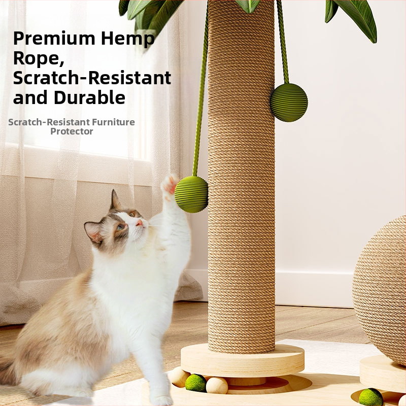 Въртяща се поставка за котки от масивно дърво от кокосово дърво Колона за драскане на котки Забавна котешка пръчка Дъска за драскане на котки Издръжлива играчка за котки от сизал Стойка за катерене на котки Трансгранична