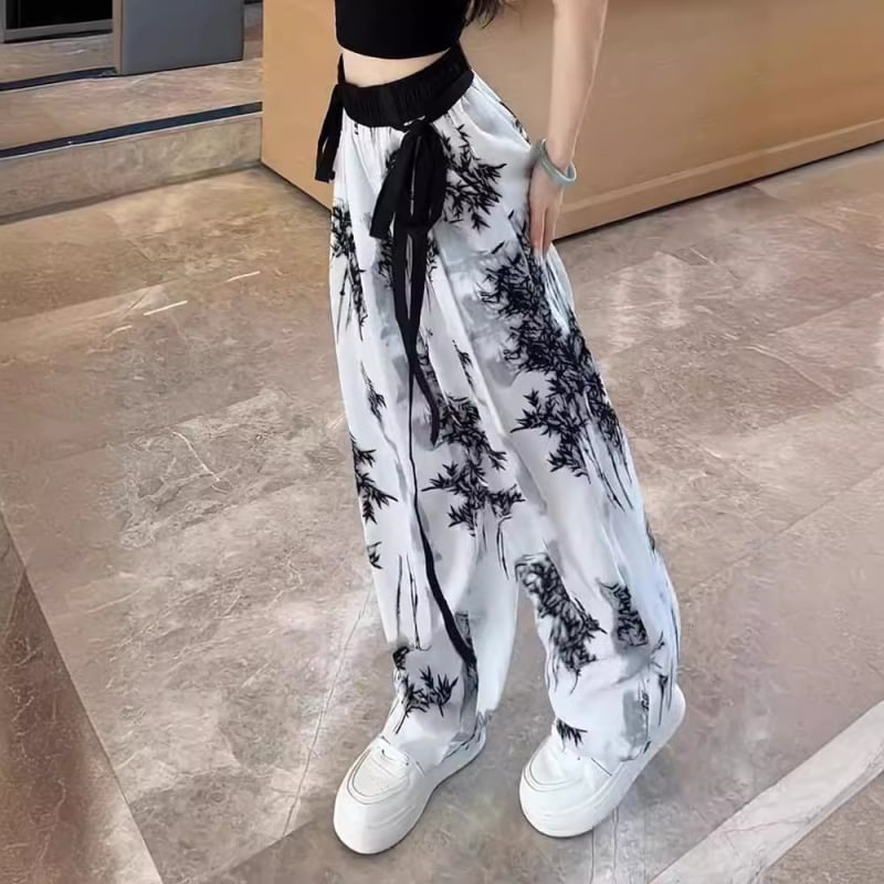 Stil național, stil chinezesc nou, stil bambus, pantaloni largi cu picior, cu curea din bambus pentru femei, vara 2023, subțire, culoare contrastantă, slăbire, pantaloni casual lejeri