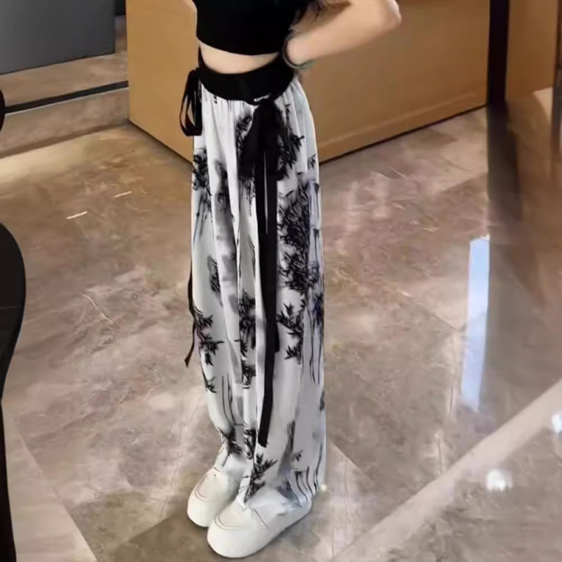 Nacionalinio stiliaus naujos kiniško stiliaus bambukinės plačios kelnės su bambukiniu diržu moterims 2023 m. vasaros plonos kontrastingos spalvos laisvos liekninamosios laisvalaikio kelnės