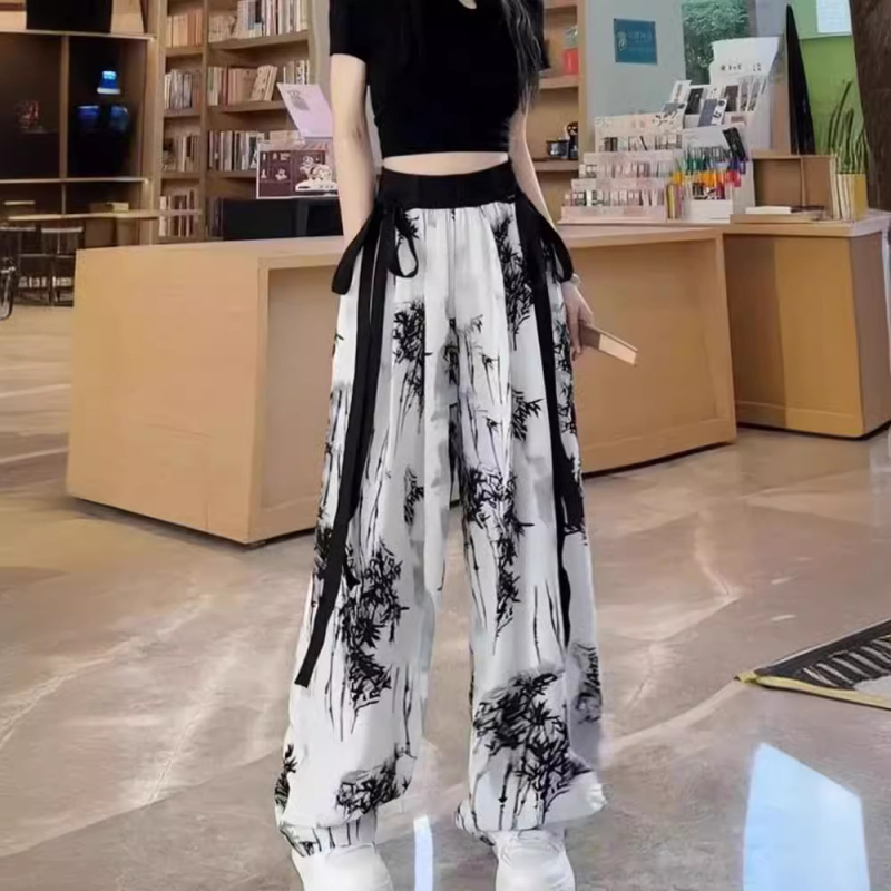 Nacionalinio stiliaus naujos kiniško stiliaus bambukinės plačios kelnės su bambukiniu diržu moterims 2023 m. vasaros plonos kontrastingos spalvos laisvos liekninamosios laisvalaikio kelnės