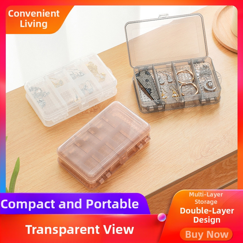 Viegla, grezna, divslāņu, sadalīta rotaslietu kastīte, caurspīdīga auskaru rotaslietu uzglabāšanas kastīte, ērta divpusēja mini uzglabāšanas kastīte ar 10 režģiem