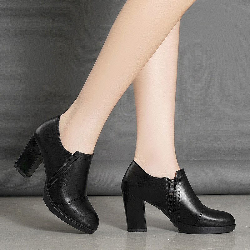 Νέα μονόπατα για την άνοιξη και το φθινόπωρο του 2025, ψηλοτάκουνα, αδιάβροχα, πλατφόρμα, χοντρό τακούνι, επένδυση από φλις, βαθιά στόμα, μαλακή σόλα, γυναικεία μαύρα δερμάτινα παπούτσια