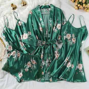 Pijamale pentru femei, cămașă de noapte cu bretele din imitație de mătase europeană și americană, set din patru piese, pijamale sexy, set din mai multe piese pentru femei, cămașă de noapte cu imprimeu subțire