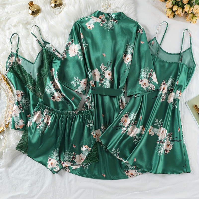 Pijamale pentru femei, cămașă de noapte cu bretele din imitație de mătase europeană și americană, set din patru piese, pijamale sexy, set din mai multe piese pentru femei, cămașă de noapte cu imprimeu subțire
