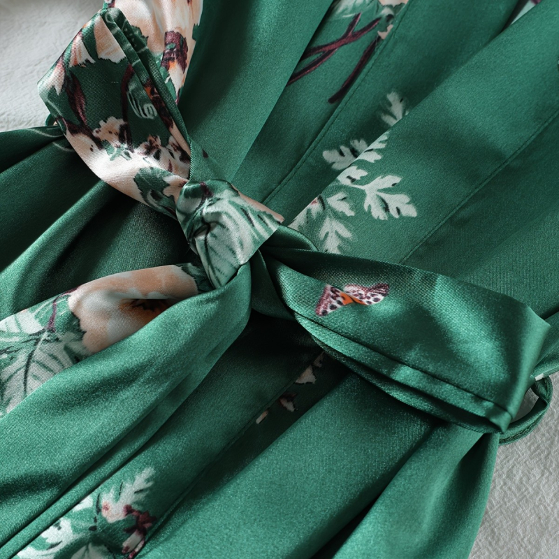 Pijamale pentru femei, cămașă de noapte cu bretele din imitație de mătase europeană și americană, set din patru piese, pijamale sexy, set din mai multe piese pentru femei, cămașă de noapte cu imprimeu subțire