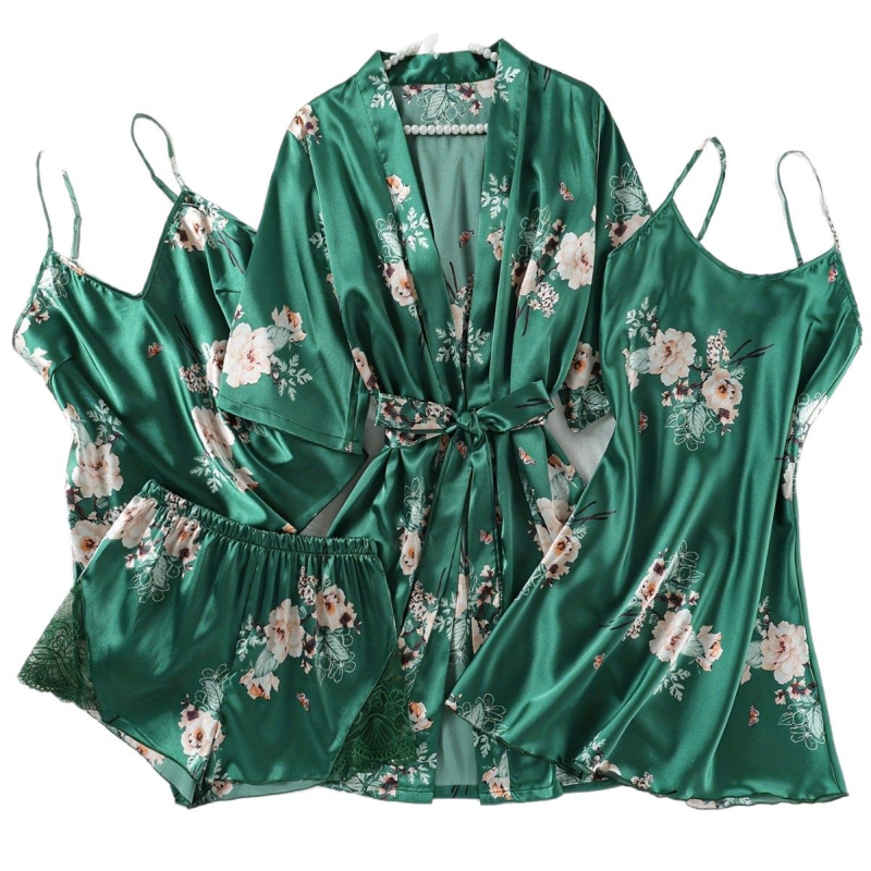 Pijamale pentru femei, cămașă de noapte cu bretele din imitație de mătase europeană și americană, set din patru piese, pijamale sexy, set din mai multe piese pentru femei, cămașă de noapte cu imprimeu subțire