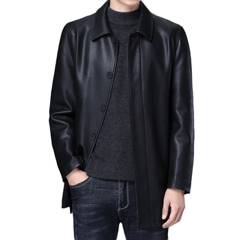 Haining tikros PU odos minkštos odos vyriškas paltas rudens ir žiemos vilnos pamušalu sustorinta odine striuke tėčiui, vidutinio ilgio vienaeilis vyriškas paltas