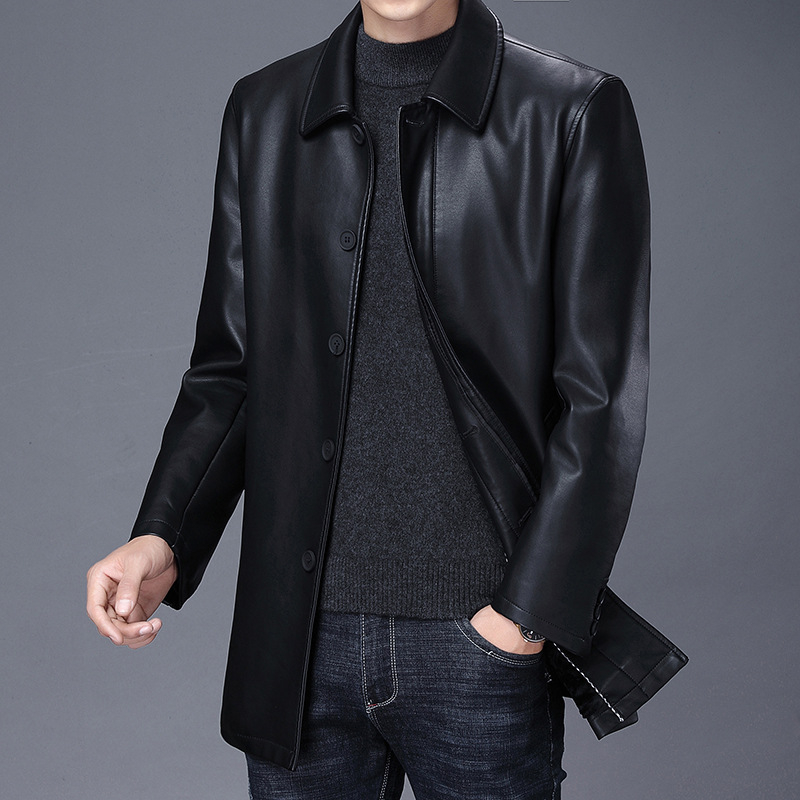 Haining tikros PU odos minkštos odos vyriškas paltas rudens ir žiemos vilnos pamušalu sustorinta odine striuke tėčiui, vidutinio ilgio vienaeilis vyriškas paltas