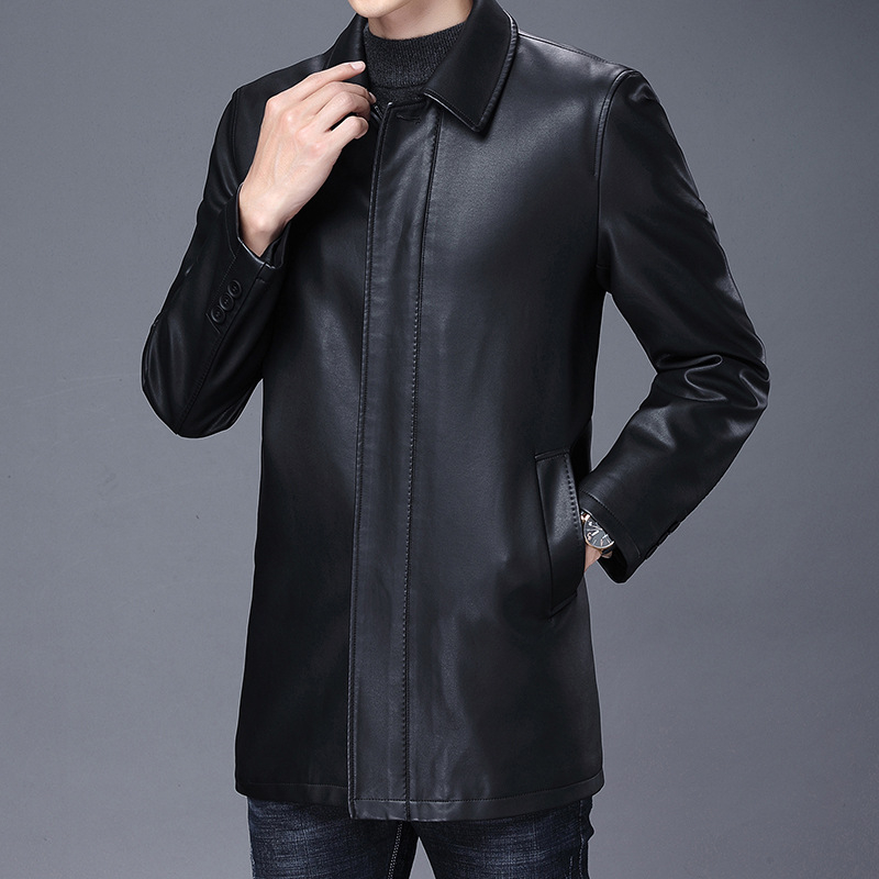 Haining tikros PU odos minkštos odos vyriškas paltas rudens ir žiemos vilnos pamušalu sustorinta odine striuke tėčiui, vidutinio ilgio vienaeilis vyriškas paltas