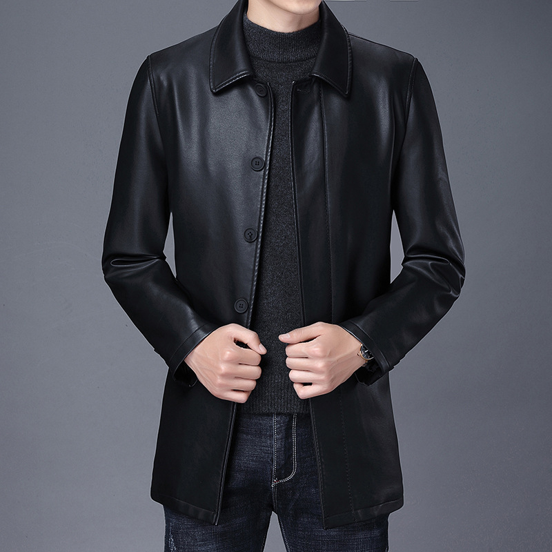 Haining tikros PU odos minkštos odos vyriškas paltas rudens ir žiemos vilnos pamušalu sustorinta odine striuke tėčiui, vidutinio ilgio vienaeilis vyriškas paltas