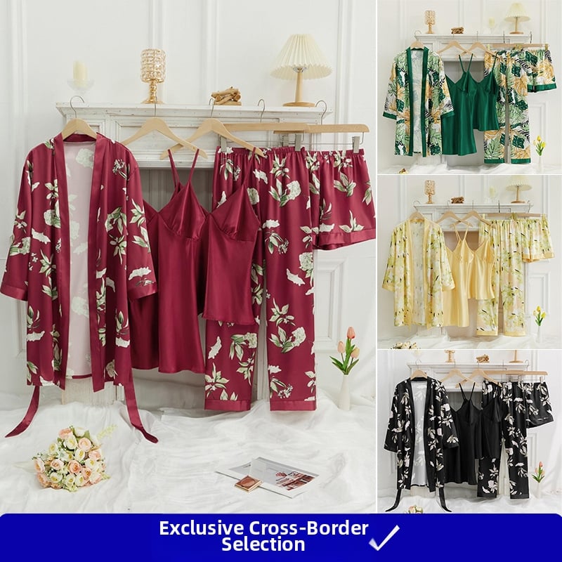 Set de pijamale din mătase satinată, format din cinci piese, pijamale europene și americane transfrontaliere cu imprimeu floral, haine elegante de casă pentru femei de toamnă
