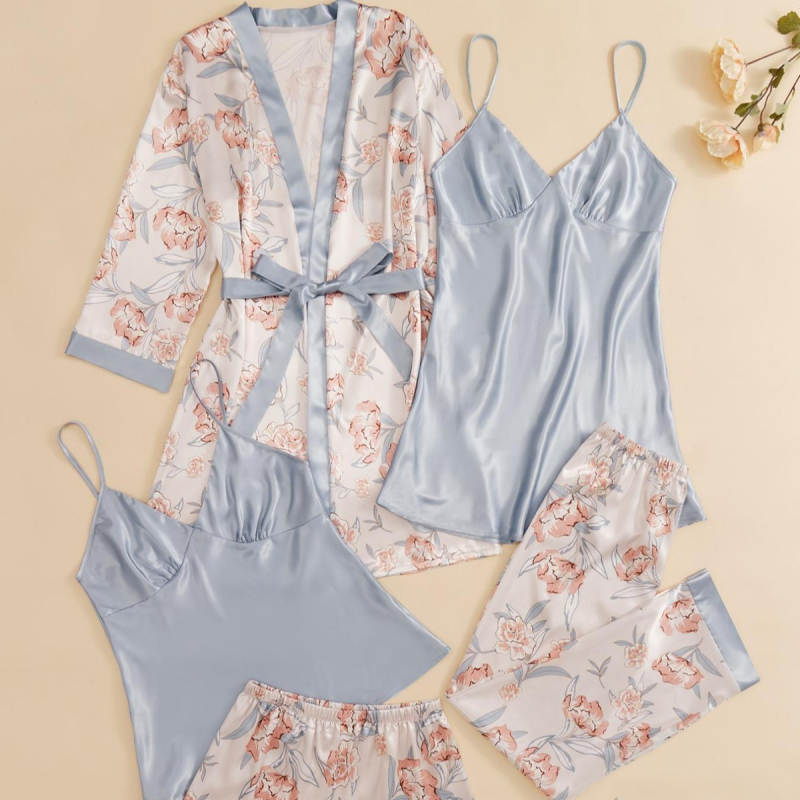 Set de pijamale din mătase satinată, format din cinci piese, pijamale europene și americane transfrontaliere cu imprimeu floral, haine elegante de casă pentru femei de toamnă