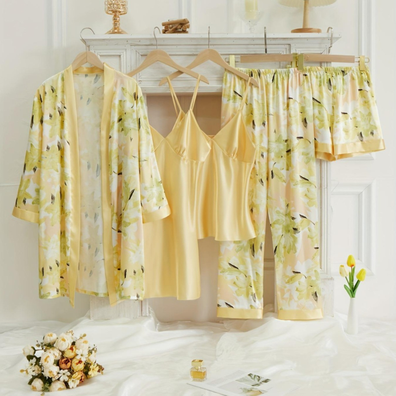 Set de pijamale din mătase satinată, format din cinci piese, pijamale europene și americane transfrontaliere cu imprimeu floral, haine elegante de casă pentru femei de toamnă