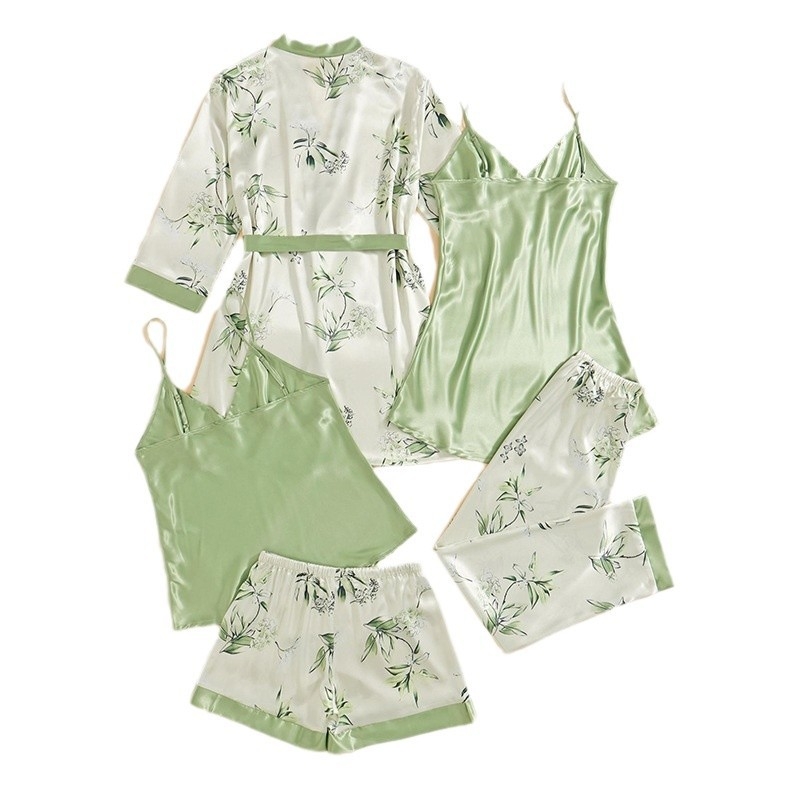 Set de pijamale din mătase satinată, format din cinci piese, pijamale europene și americane transfrontaliere cu imprimeu floral, haine elegante de casă pentru femei de toamnă