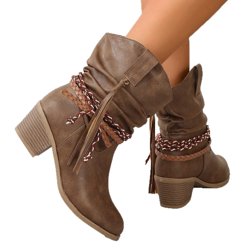 Cizme scurte de mărime mare pentru femei, export transfrontalier, 2025, toamna și iarna, stil nou, toc gros, împletituri de ciucuri, cizme plisate până la jumătatea gambei