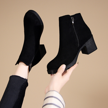 Cizme Martin din piele întoarsă cu toc gros, mărime plus, cizme pentru femei cu toc gros, stil britanic, din piele întoarsă, negre, cu toc mediu, fără slip și cizme goale