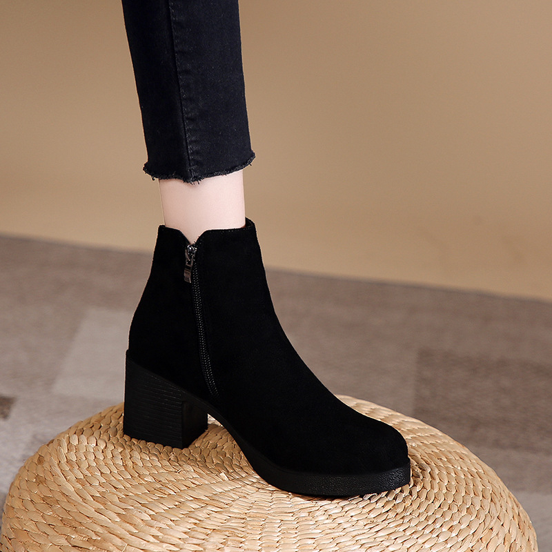 Cizme Martin din piele întoarsă cu toc gros, mărime plus, cizme pentru femei cu toc gros, stil britanic, din piele întoarsă, negre, cu toc mediu, fără slip și cizme goale