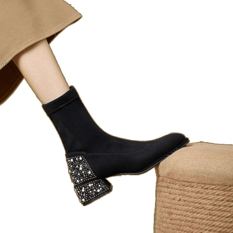 2025 m. nauji rudens ir žiemos elastingi juodi apvalios nosies ploni aulinukai, elegantiški perlų rašto zomšos trumpi aulinukai, universalios elastinės kojinės