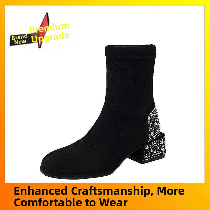 2025 m. nauji rudens ir žiemos elastingi juodi apvalios nosies ploni aulinukai, elegantiški perlų rašto zomšos trumpi aulinukai, universalios elastinės kojinės