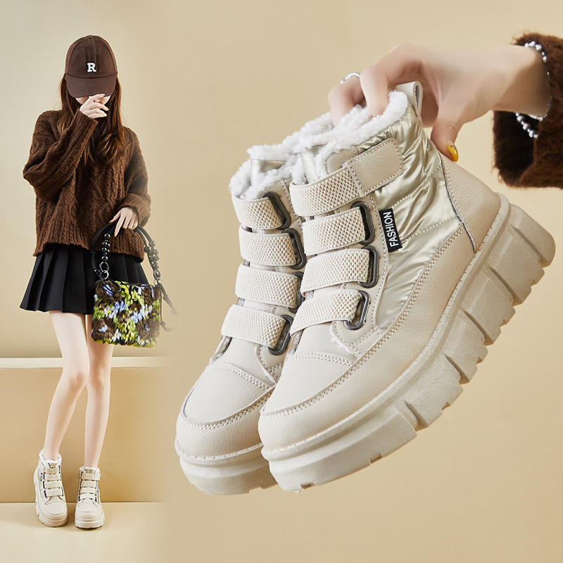 Pantofi sport casual cu talpă groasă pentru studente, stil coreean de iarnă 2024, căptușiți cu fleece, albi, XT161