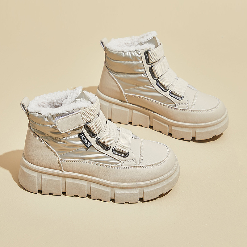 Pantofi sport casual cu talpă groasă pentru studente, stil coreean de iarnă 2024, căptușiți cu fleece, albi, XT161