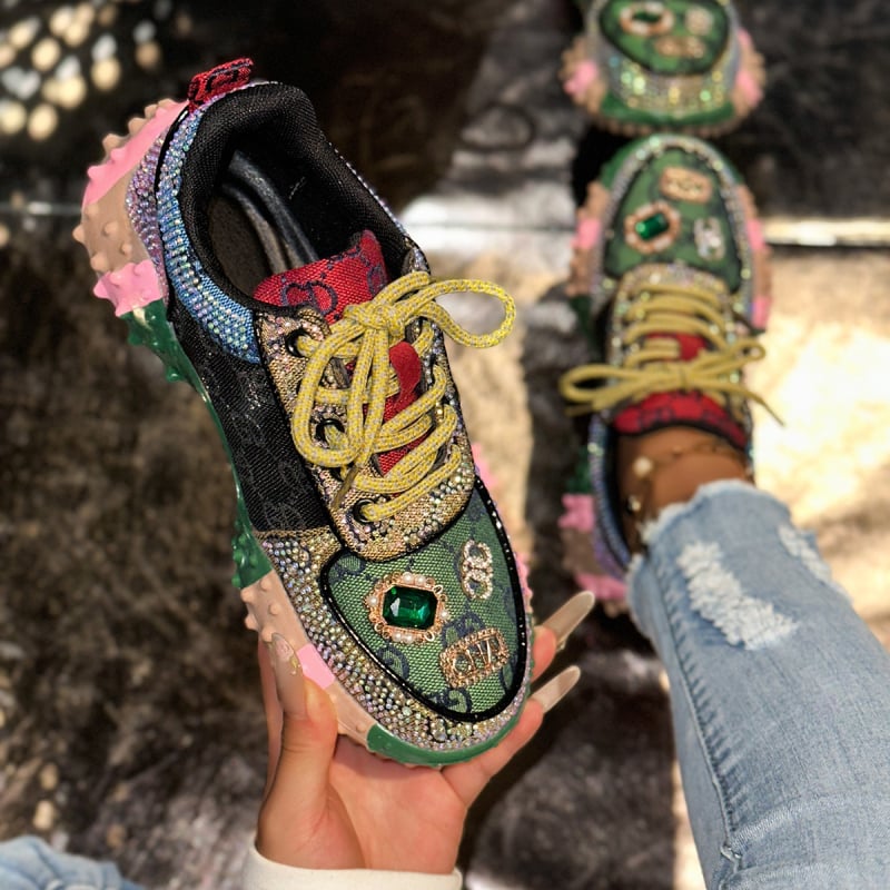 Pantofi sport casual respirabili cu incrustații de diamante pentru femei, pantofi de damă, la modă, de culoare potrivită, mărime mare